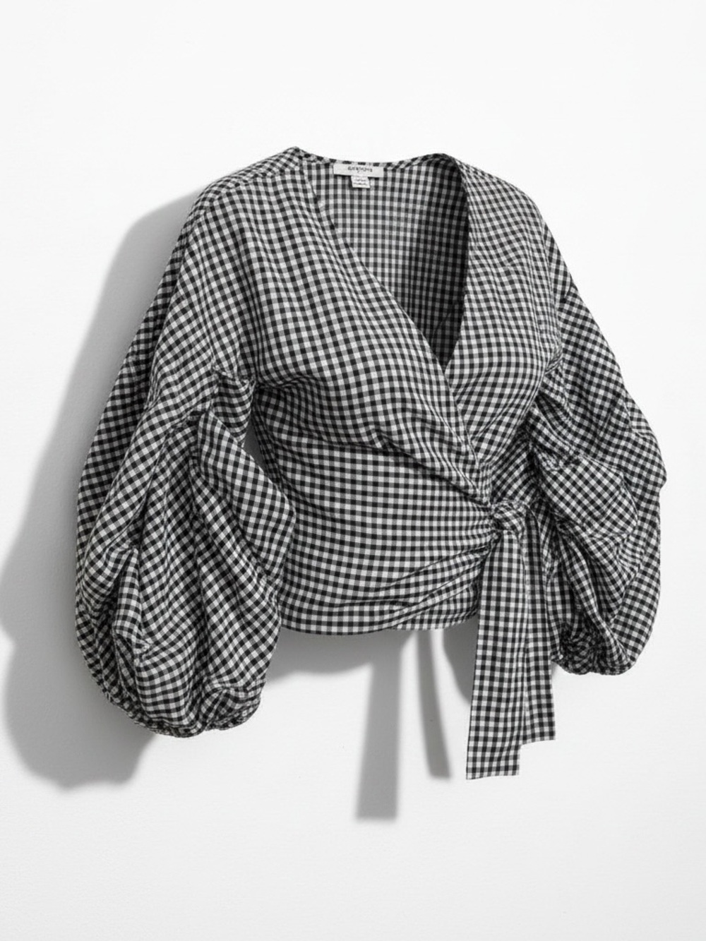 FAVLUX Black and White Gingham Tie-Waist Puff-Sleeve Blouse